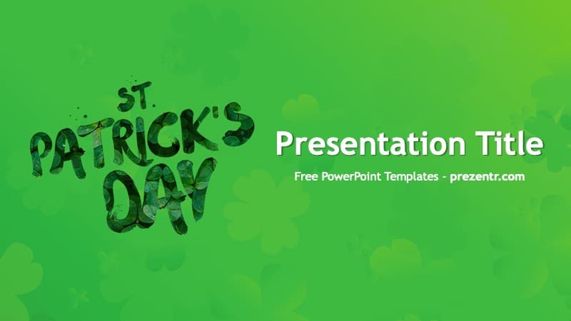 St. Patrick's Day PowerPoint Template cover slide with green background, shamrock design, and white presentation title text