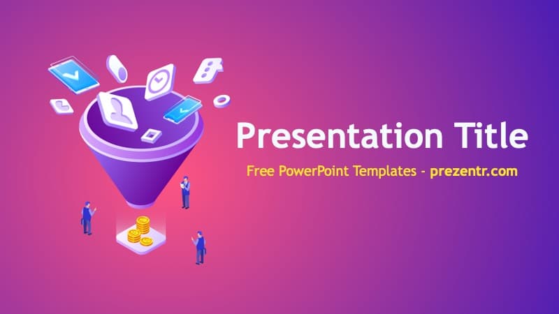 Sales Funnel PowerPoint Template cover slide with purple gradient background, isometric funnel illustration, and tech icons