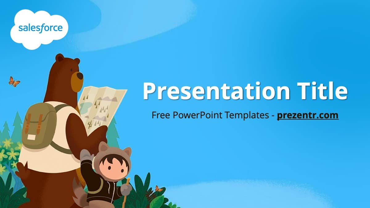 Salesforce PowerPoint template cover slide with blue background, cartoon bear and child explorer with map and backpack