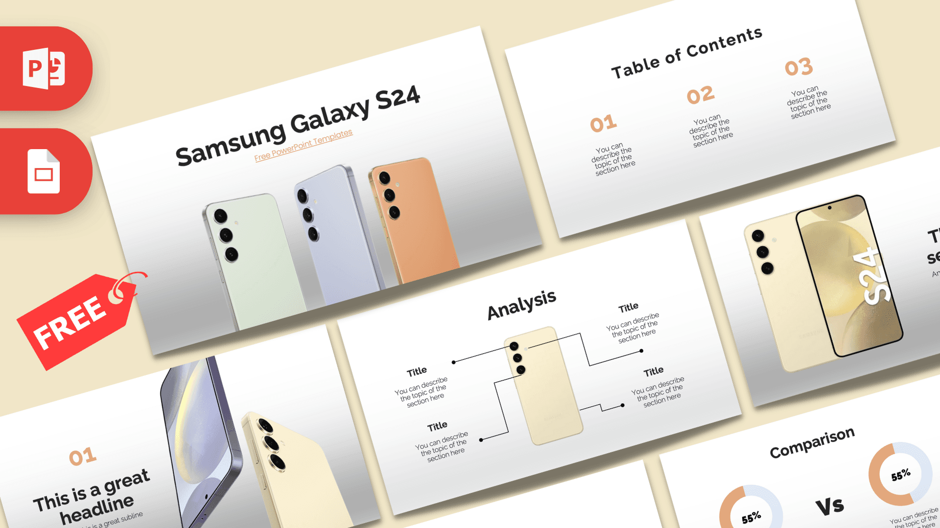 Samsung Galaxy S24 PowerPoint template cover with three phone models in pastel colors and table of contents