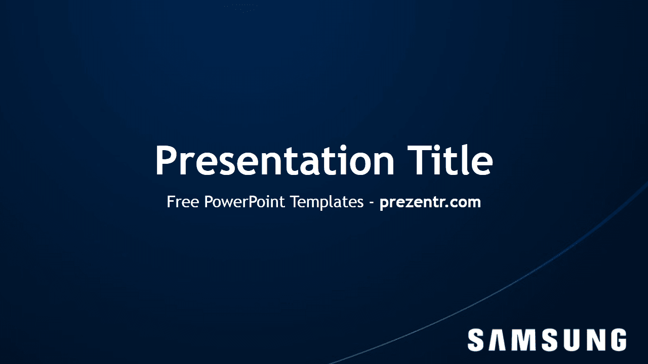 Samsung PowerPoint template cover slide with dark blue background, white text, and teal curved accent line
