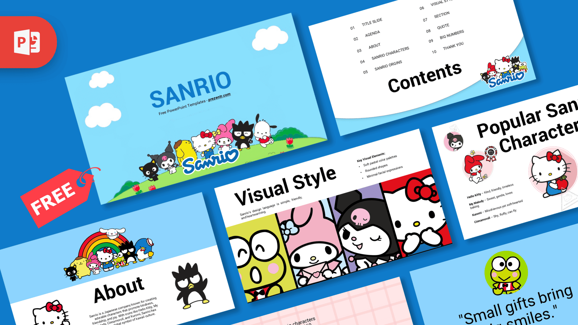 Sanrio PowerPoint Template cover slide featuring colorful characters on green grass with blue sky and white clouds background