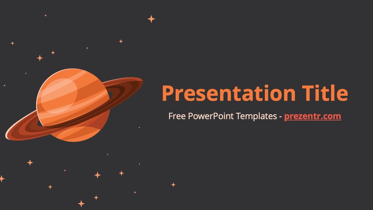 Saturn PowerPoint Template cover slide with orange planet illustration and stars on dark background