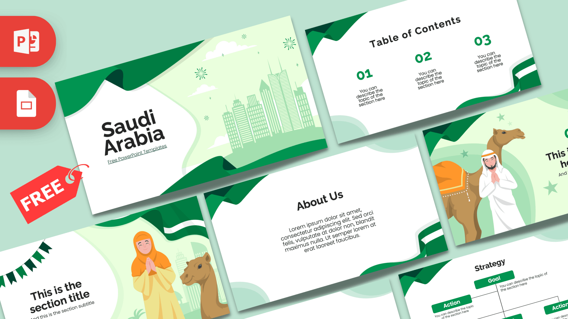 Saudi Arabia PowerPoint template with green geometric shapes, cultural illustrations, and cityscape design