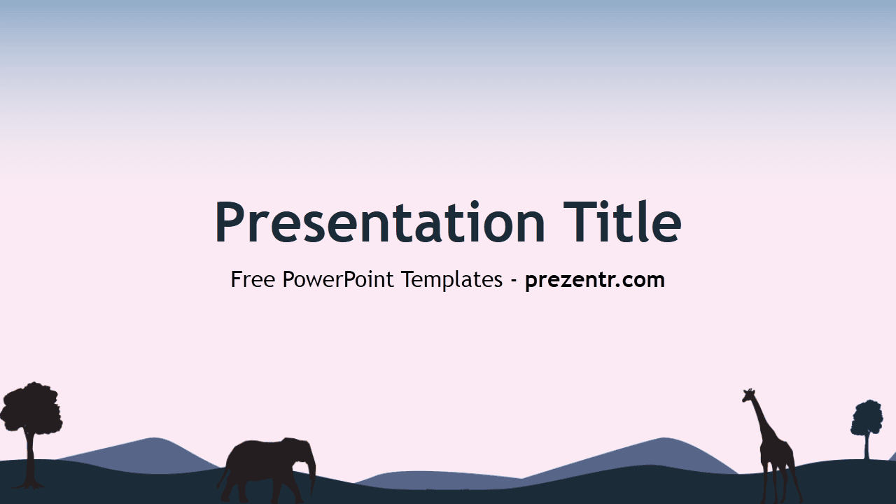 Savannah PowerPoint Template cover slide with silhouetted African wildlife against gradient blue landscape