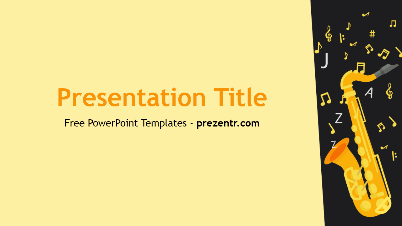 Saxophone PowerPoint Template cover slide with yellow saxophone, musical notes on black and cream background
