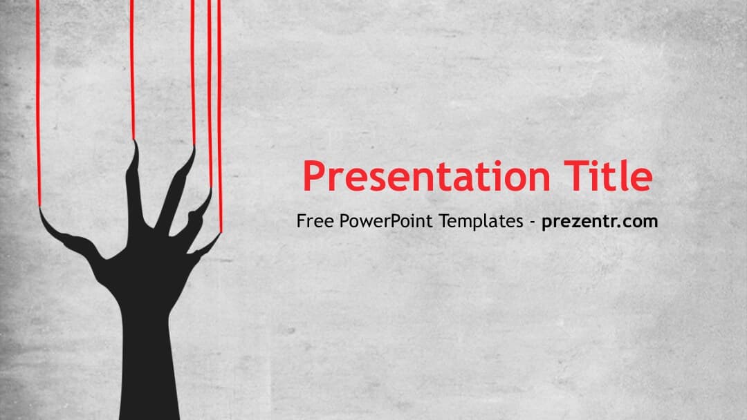 Scary PowerPoint Template cover slide: silhouette hand reaching up with red strings on gray background
