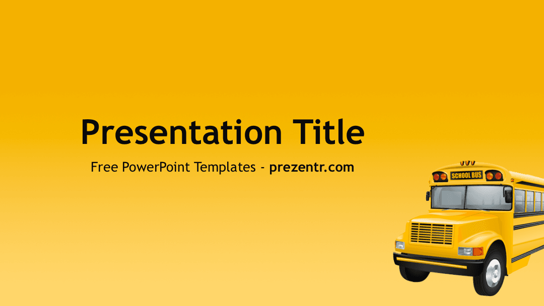 Yellow background with School Bus template featuring title text area on left and illustrated yellow school bus on right side