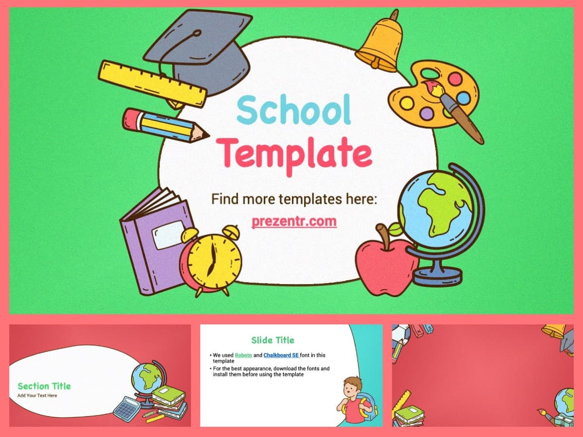 School PowerPoint Template cover slide with green background, white central frame, and colorful school icons
