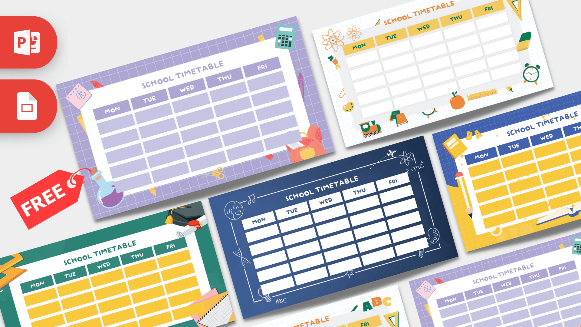 School Timetable PowerPoint Template featuring colorful weekly schedule layouts with educational icons
