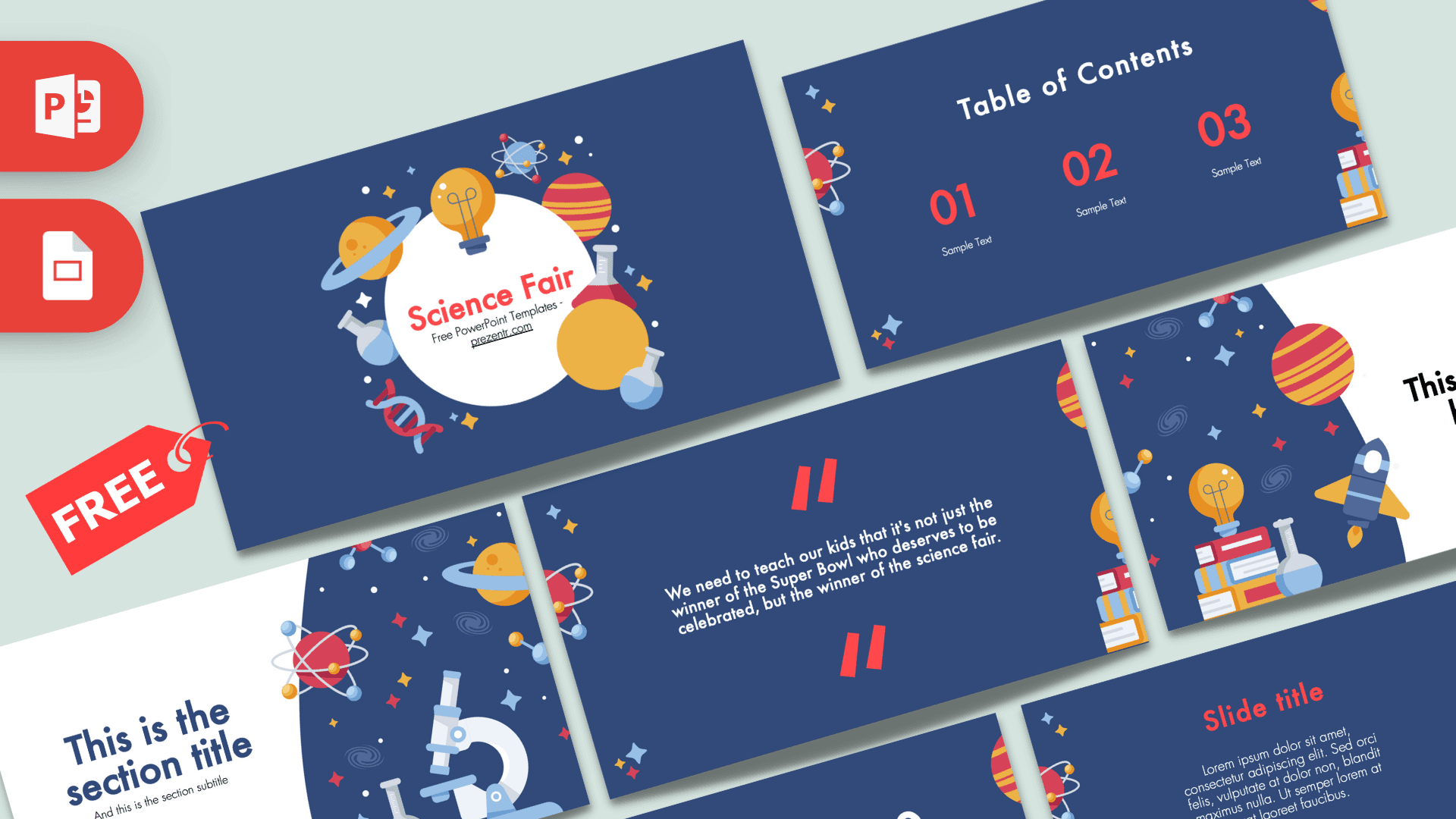 Science Fair PowerPoint template cover slide with dark blue background, colorful space illustrations, and red text
