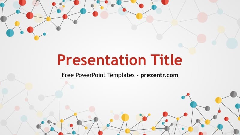 Science PowerPoint Template cover slide with molecular network graphics in red, blue, and yellow