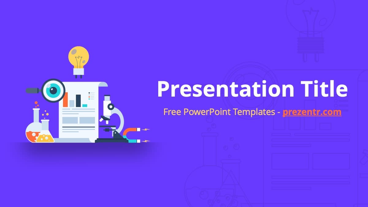 Science Project PowerPoint Template cover slide with purple background, laboratory illustrations, and centered title layout