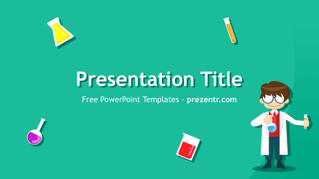 Scientist PowerPoint Template cover slide with teal background, cartoon doctor character, and chemistry icons
