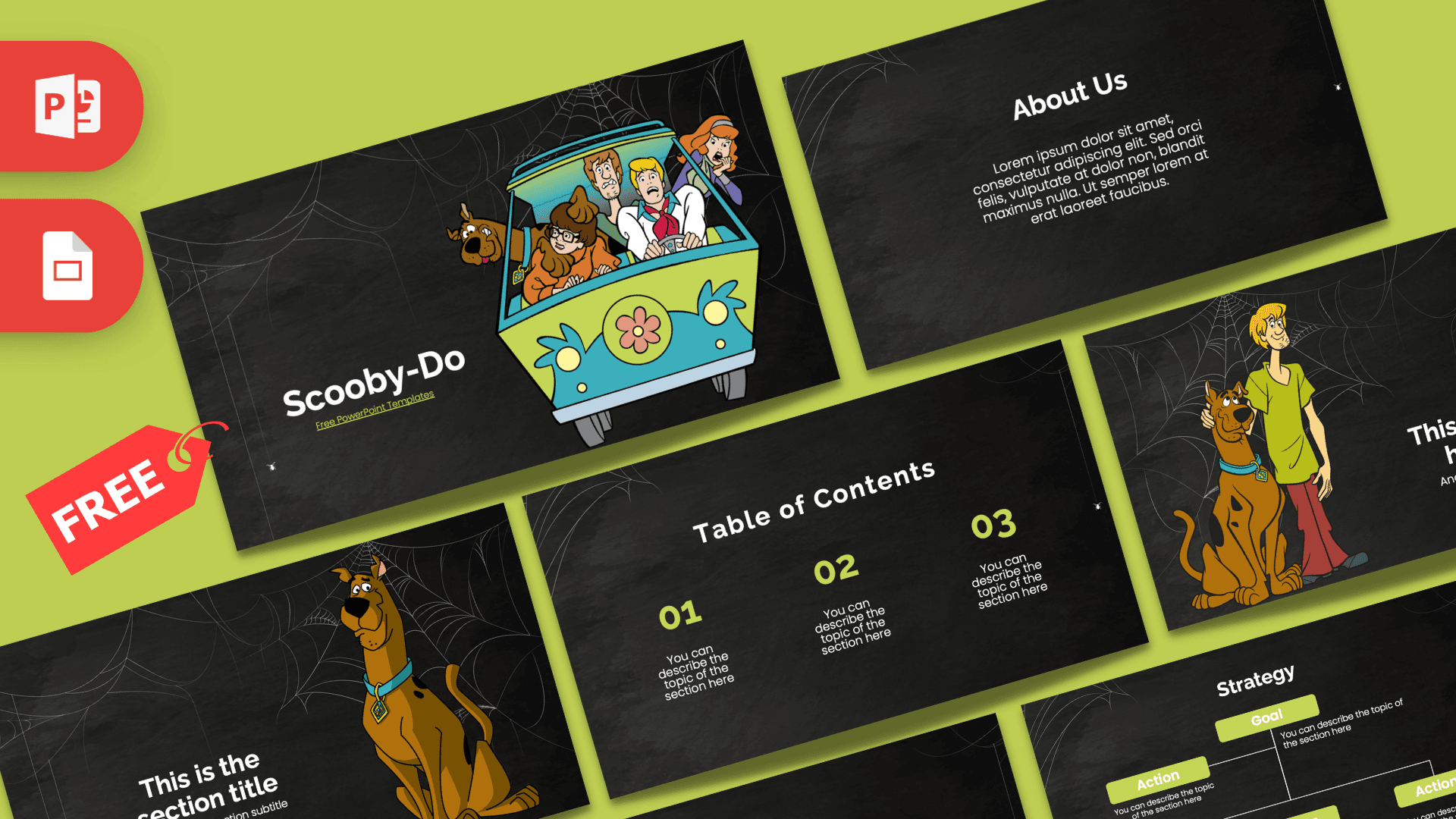 Scooby-Doo PowerPoint template cover slide with lime green and black design featuring the iconic mystery van