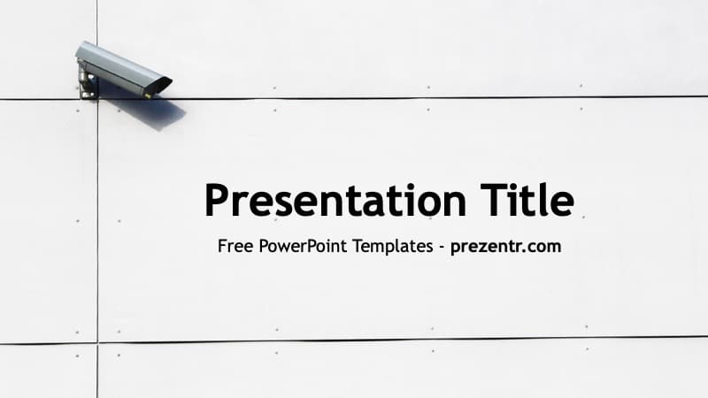 Security PowerPoint Template cover slide with surveillance camera and minimalist white layout