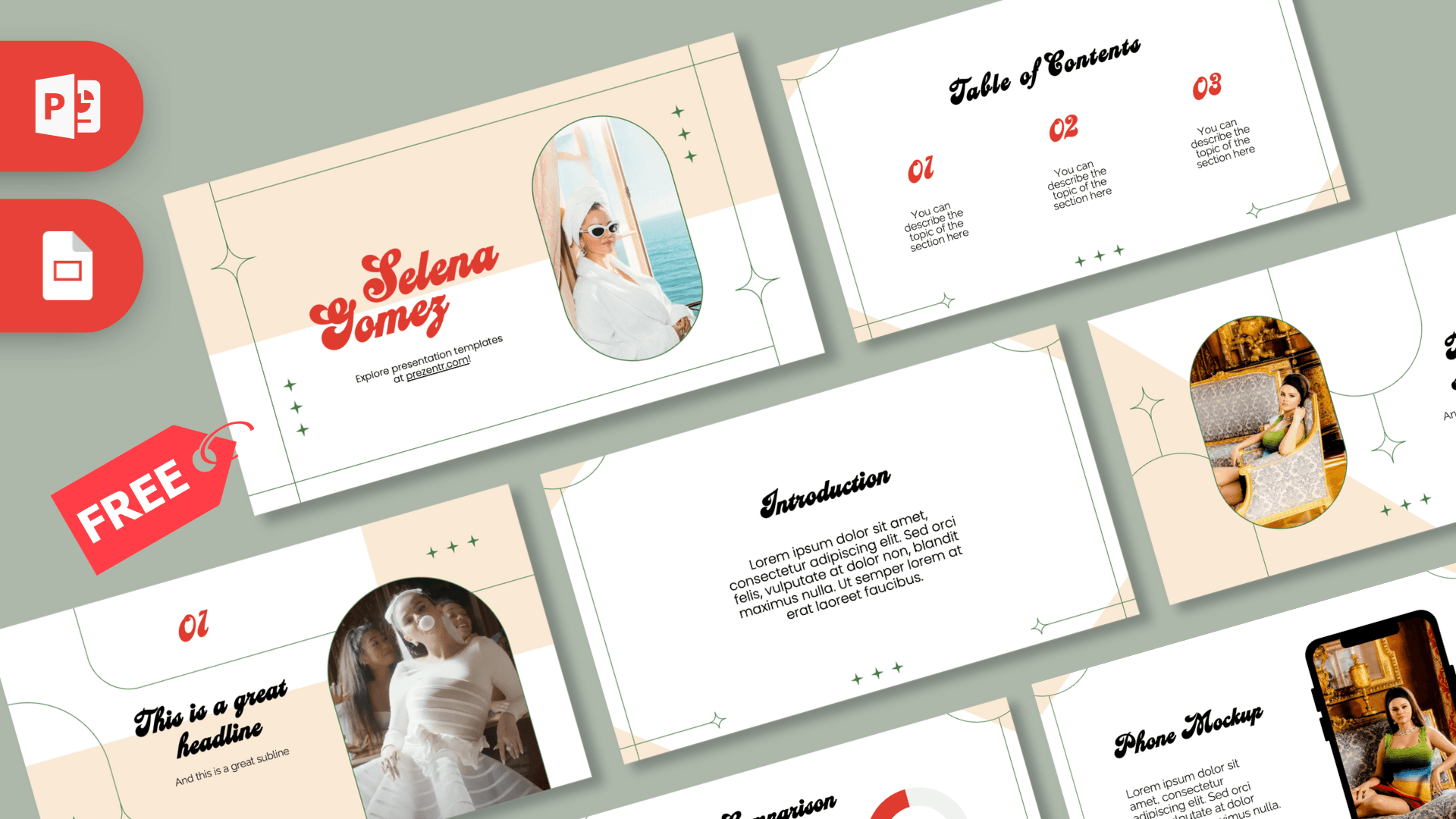 Selena Gomez PowerPoint template cover slide with cream background, red typography, and oval photo frame