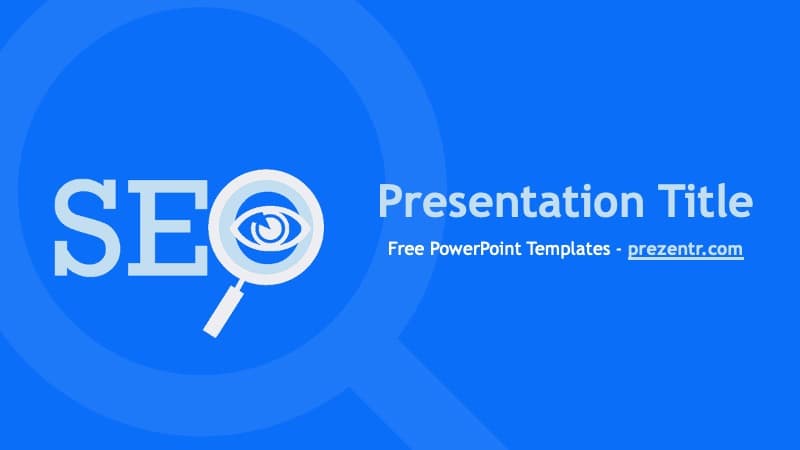 SEO PowerPoint Template cover slide with blue background, magnifying glass icon, and title text