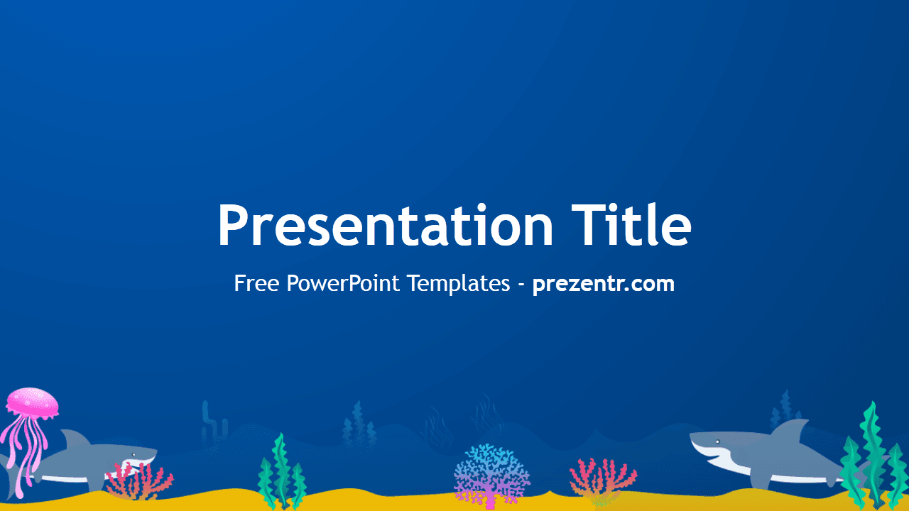 Sharks PowerPoint Template cover slide with blue ocean background, colorful sea life illustrations, and yellow sandy bottom