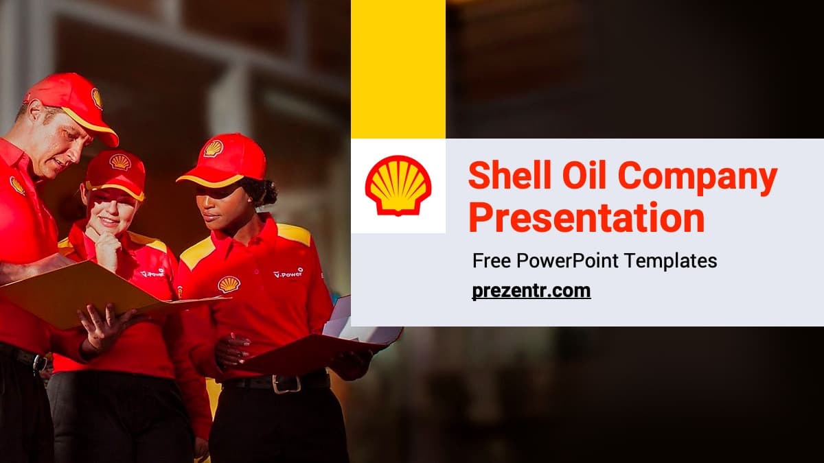 Shell Oil Company PowerPoint template cover slide with red-uniformed workers and yellow Shell logo branding