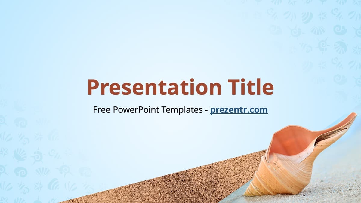 Shell PowerPoint Template cover slide with a seashell on sandy beach, light blue background, and brown title text