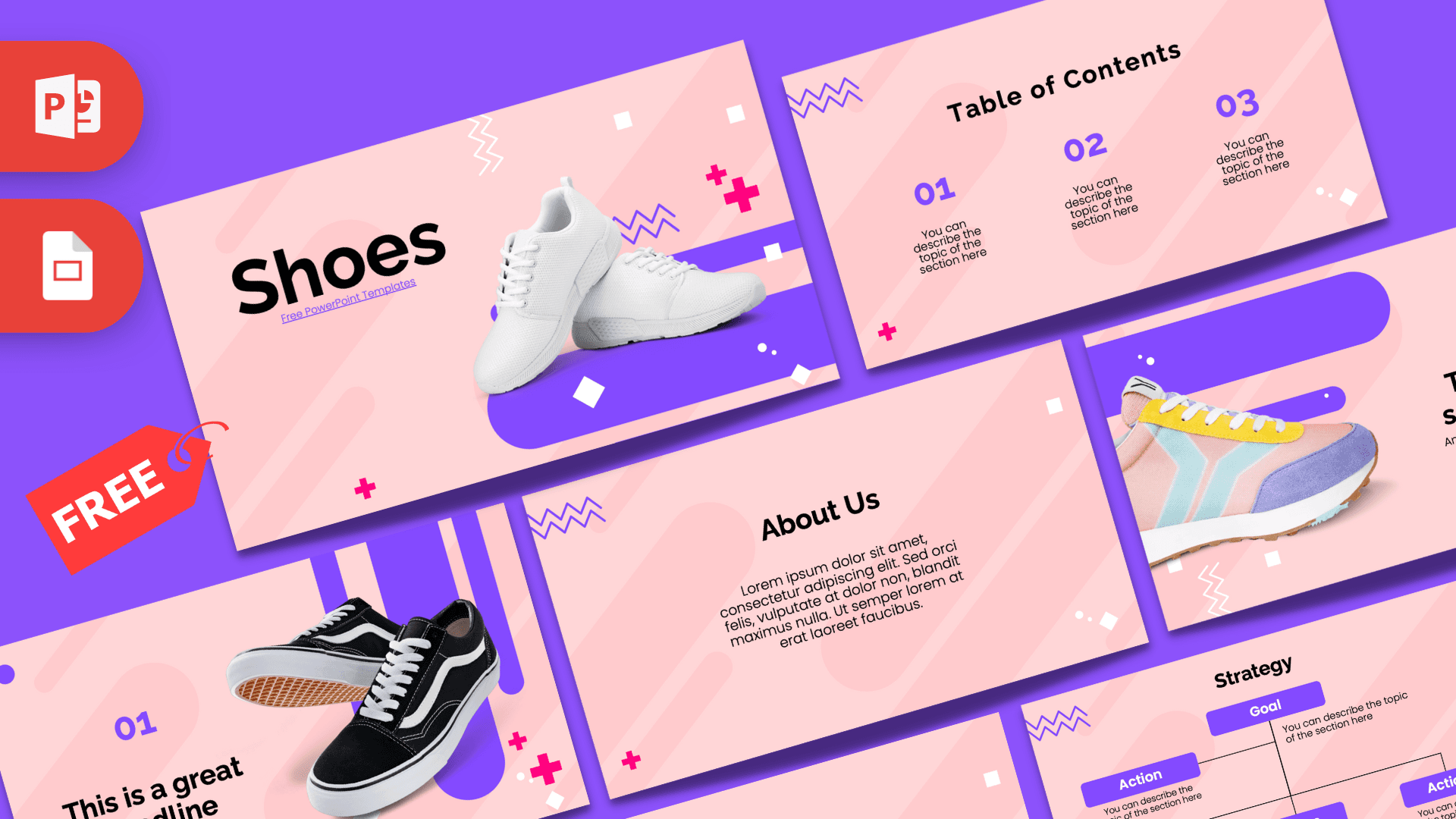 Colorful Shoes PowerPoint Template with pink and purple gradient background, white sneakers, and geometric shapes