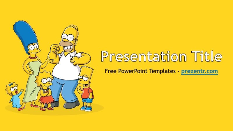 The Simpsons PowerPoint Template cover slide featuring the Simpson family on bright yellow background