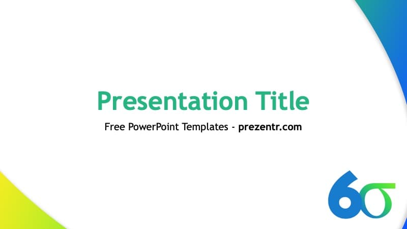 Six Sigma PowerPoint template cover slide with teal title, geometric blue and yellow shapes