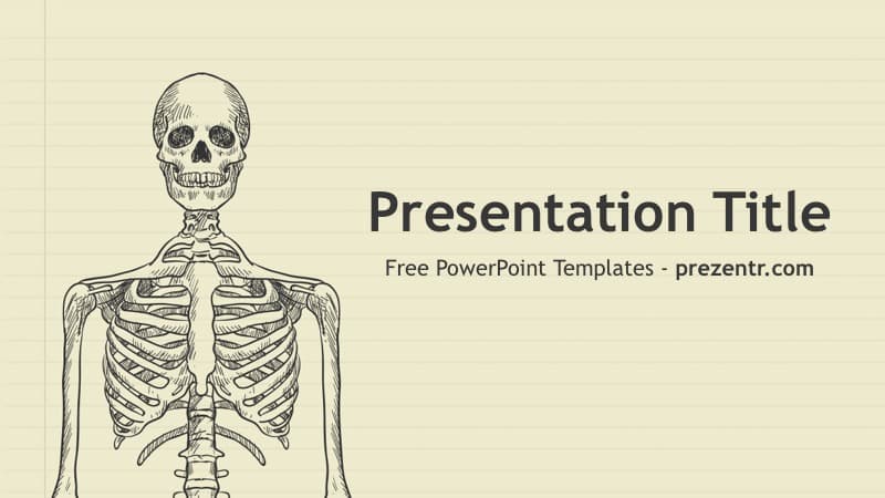 Skeleton PowerPoint Template cover slide with anatomical skeleton illustration on beige background