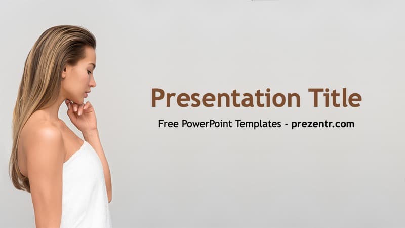 Woman in white tank top with hand on chin on gray background, Skin Care PowerPoint Template title slide