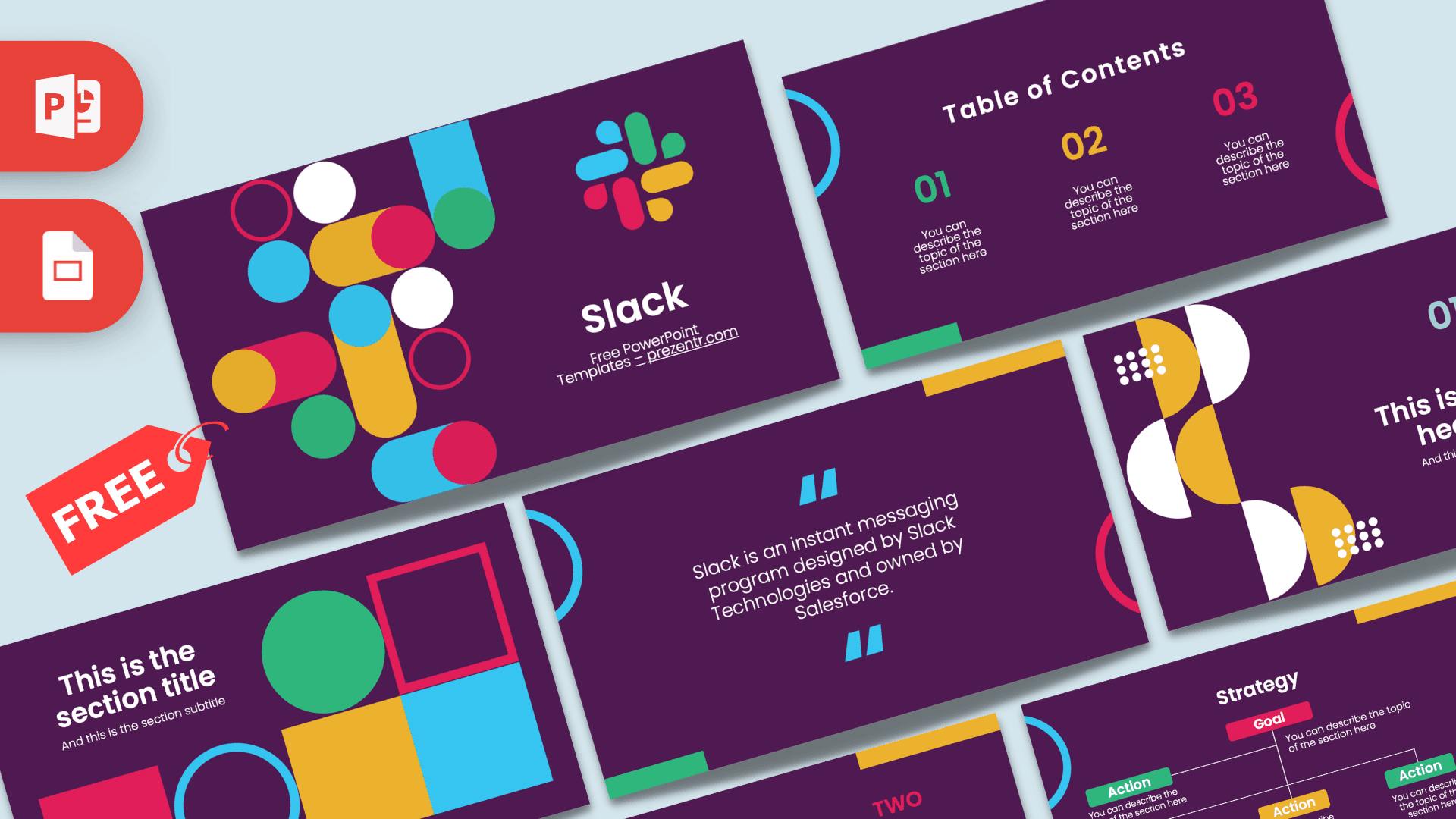 Slack PowerPoint template cover slide with colorful geometric shapes on purple background