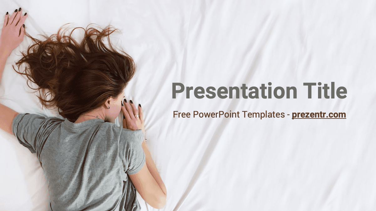 Woman sleeping on white sheets, Sleeping PowerPoint Template cover slide with gray text and minimalist design