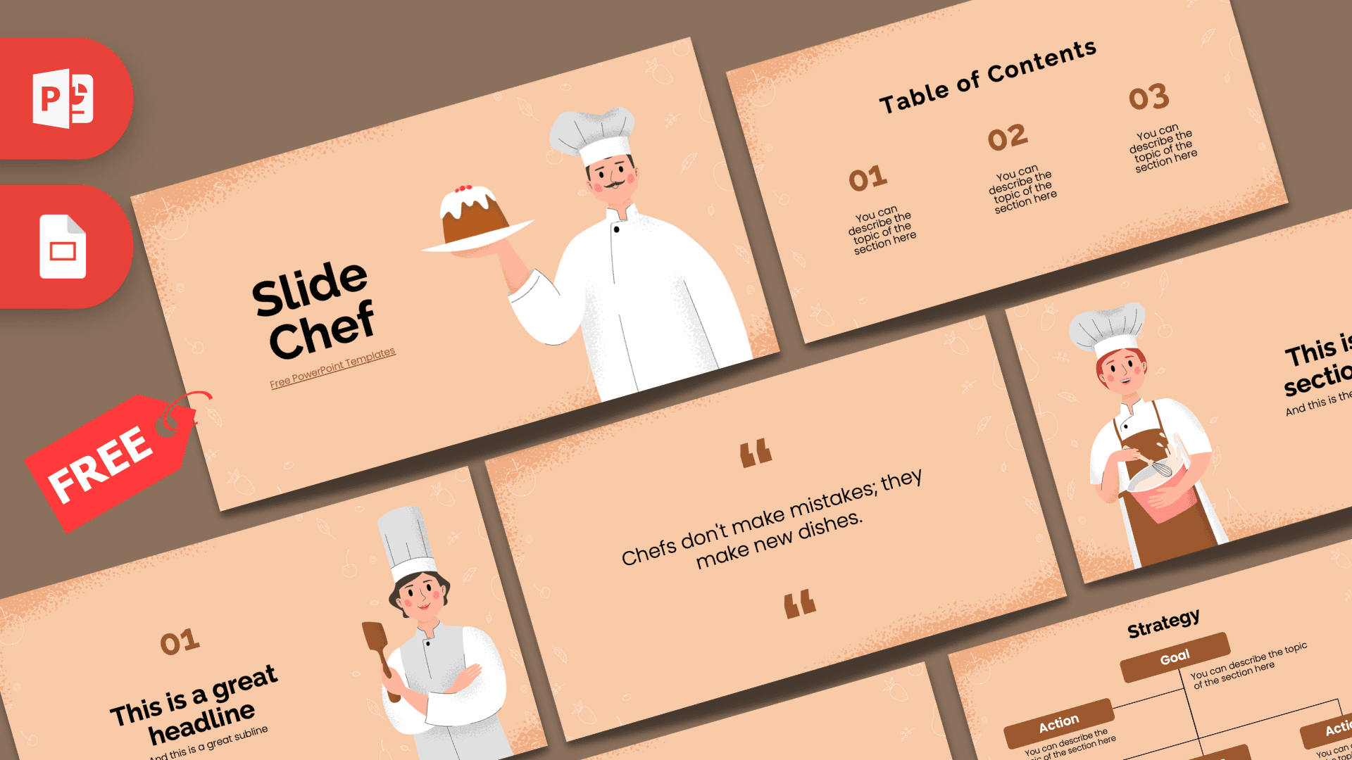 Slide Chef PowerPoint template cover with chef illustration and peach background