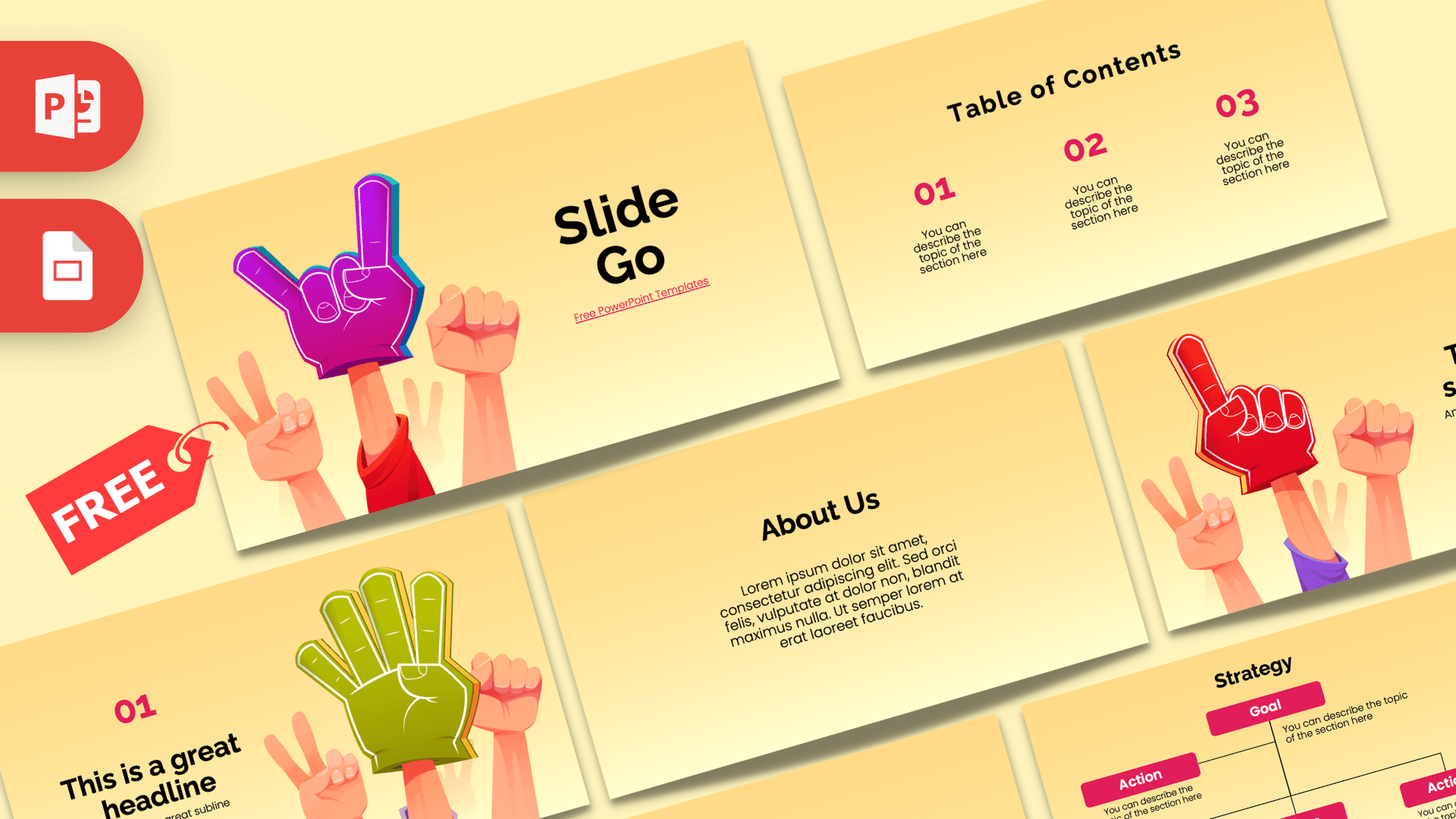 Slide Go PowerPoint template cover with colorful foam hand gestures, warm yellow background, and black title text