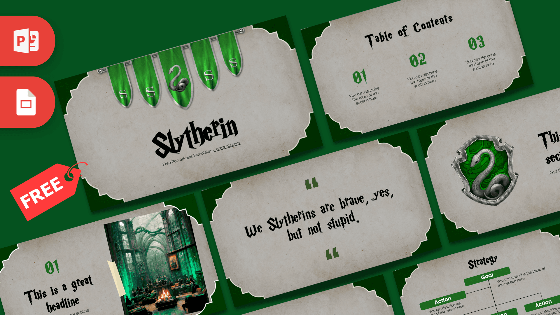 Slytherin PowerPoint template cover slide with green accents, wand imagery, and parchment-style layout