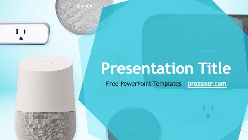 Smart Home PowerPoint Template cover slide with turquoise geometric shapes and smart speaker device