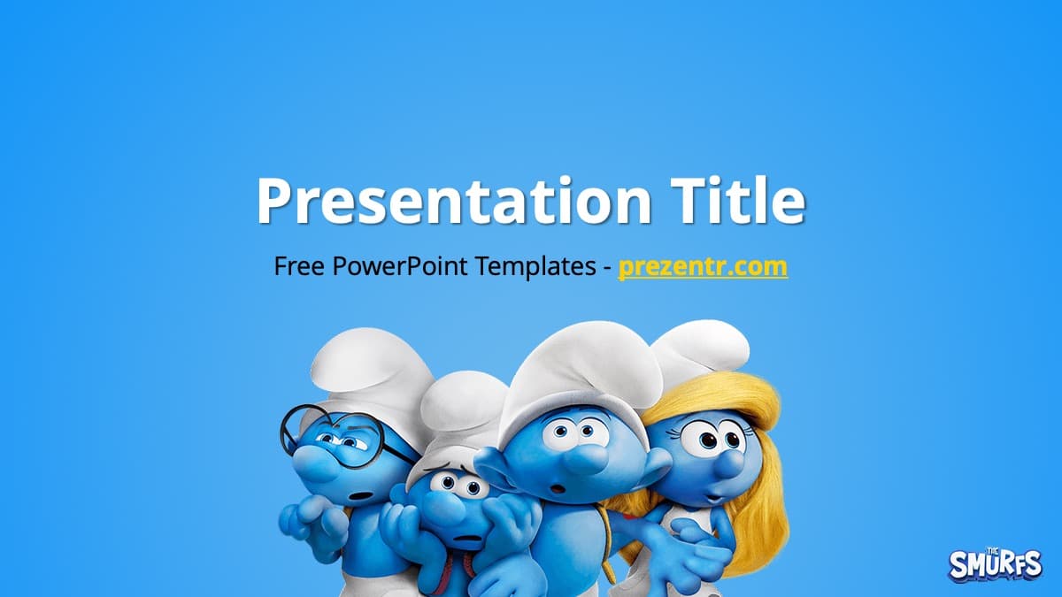 Smurfs PowerPoint Template cover slide with blue characters and white chef hats on bright blue background
