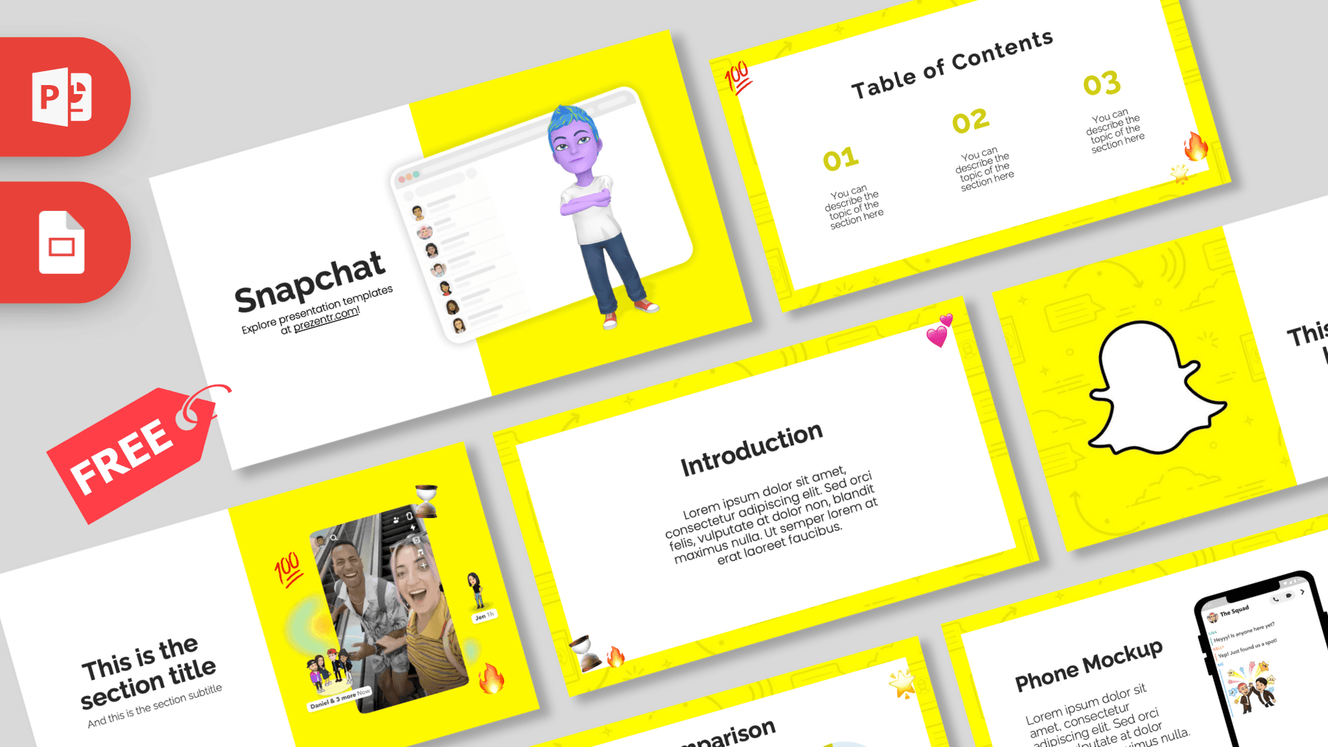 Snapchat PowerPoint template cover slide with bright yellow borders, purple animated character, and chat interface mockup