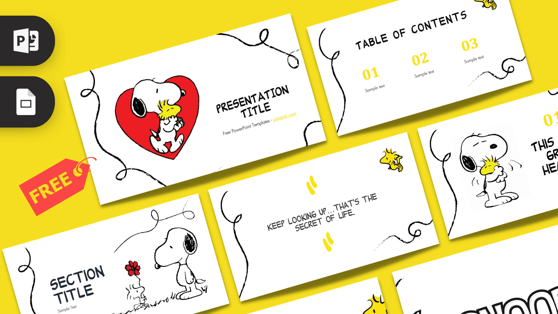 Snoopy PowerPoint template cover slide with yellow background, red heart, and character illustrations