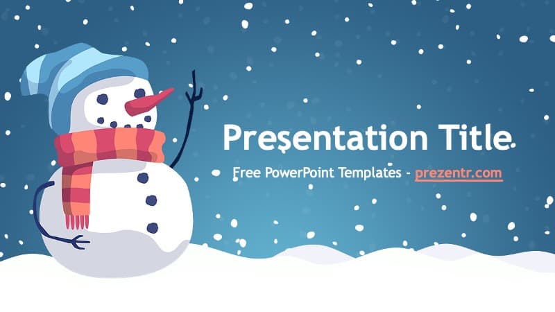 Snowman PowerPoint Template cover slide with cheerful snowman, blue winter background, and falling snow