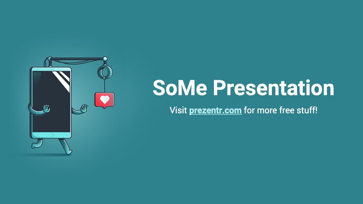 Social Media Addiction PowerPoint template cover with teal background, animated phone character holding heart icon