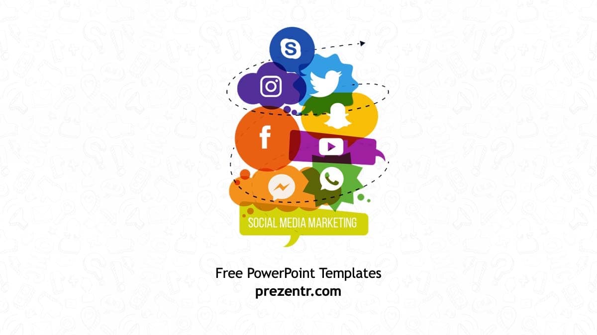 Social Media Marketing PowerPoint Template cover slide with colorful platform icons arranged in a stacked layout