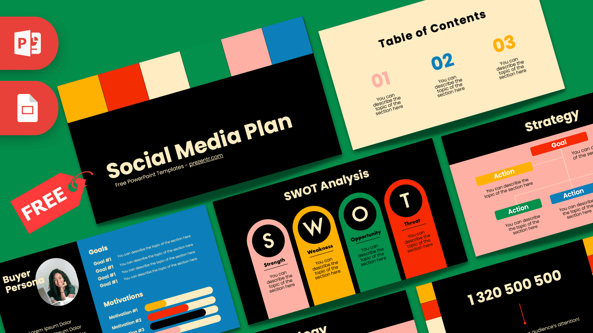 Social Media Plan template with colorful SWOT analysis, table of contents, and strategy sections on green background