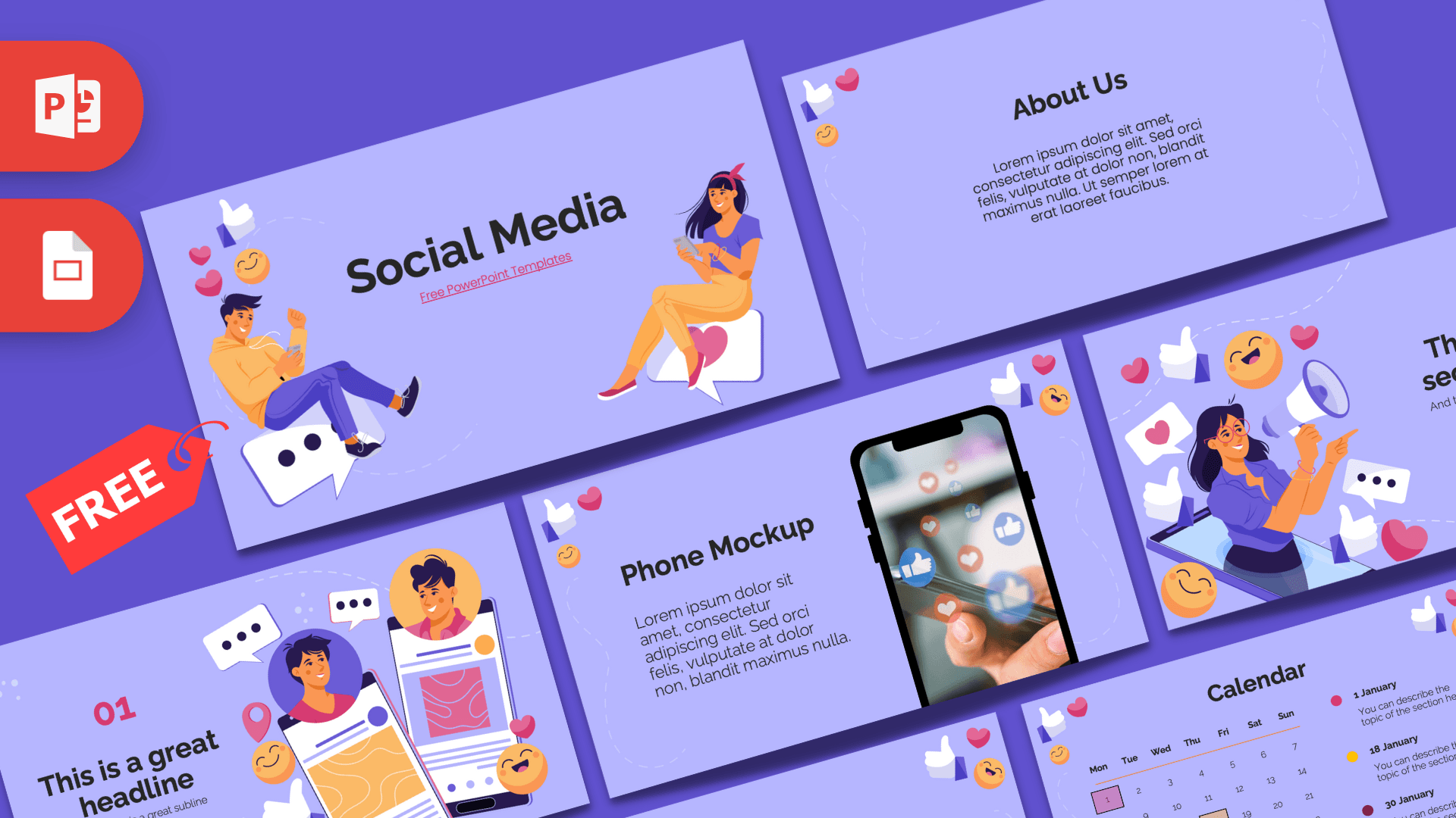 Social Media PowerPoint Template cover slide with illustrated characters, hearts, and likes on purple gradient background