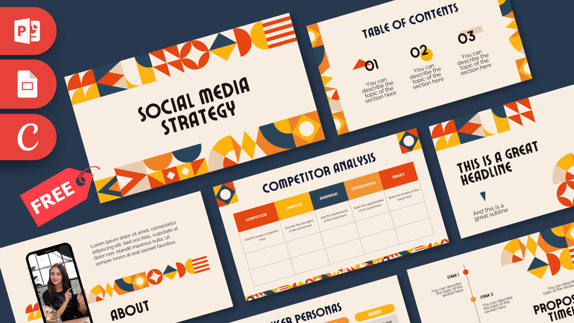 Social Media Strategy template with orange, yellow, and navy geometric patterns and decorative borders