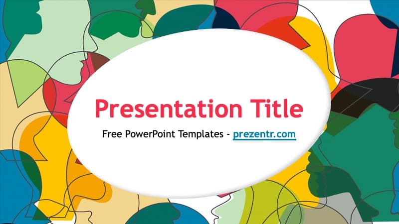 Social Science PowerPoint Template cover slide with colorful abstract head silhouettes and white oval text box