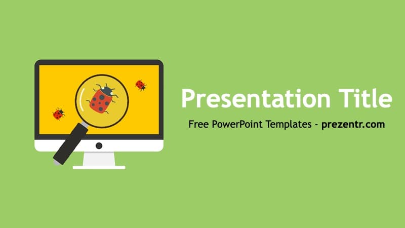 Software Testing template cover slide with magnifying glass icon and ladybugs on green background