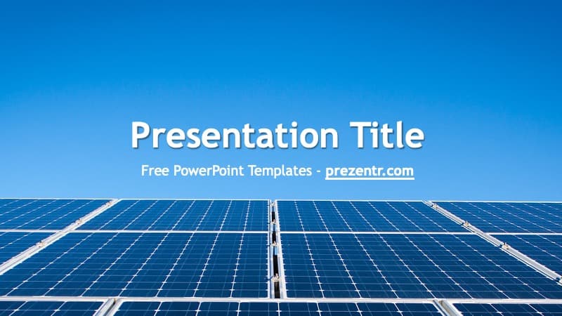 Solar panel array against blue sky on the Solar Energy PowerPoint Template cover slide with white title text