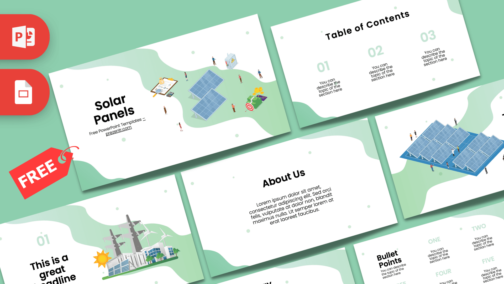 Solar Panels PowerPoint Template with mint green background, illustrated solar panels, workers, and modern layout design