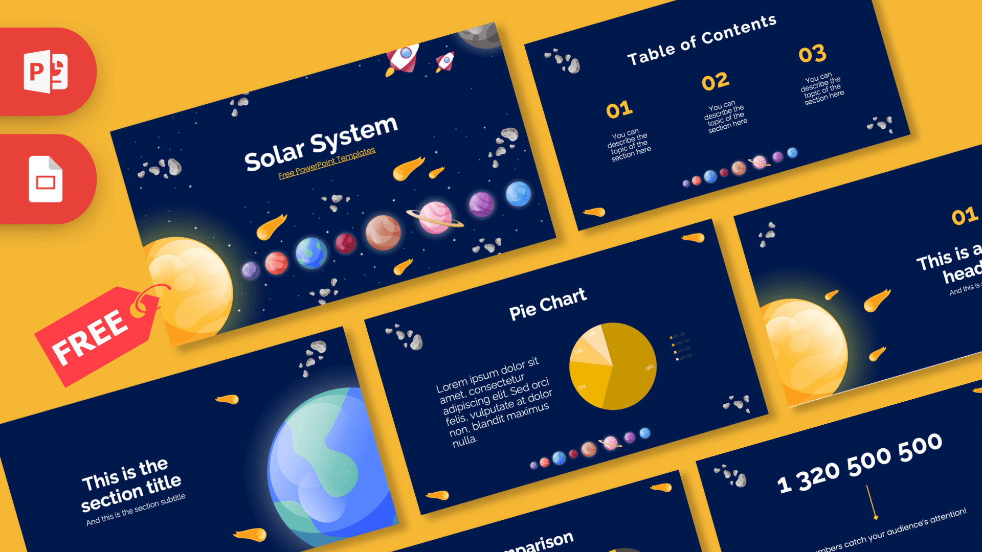 Solar System PowerPoint template cover slide with planets, yellow and navy colors, space theme